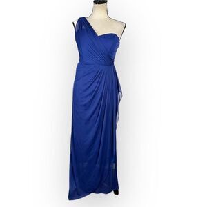 XSCAPE One Shoulder Dress Women's 10 Blue Maxi Chiffon Ruched Sweetheart Neck